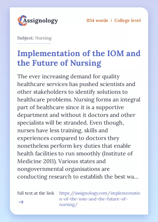 Implementation of the IOM and the Future of Nursing - Essay Preview