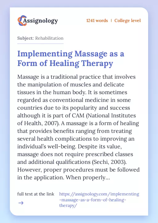 Implementing Massage as a Form of Healing Therapy - Essay Preview