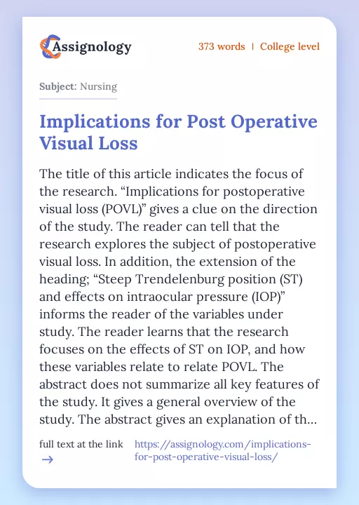 Implications for Post Operative Visual Loss - Essay Preview