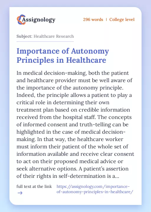 Importance of Autonomy Principles in Healthcare - Essay Preview