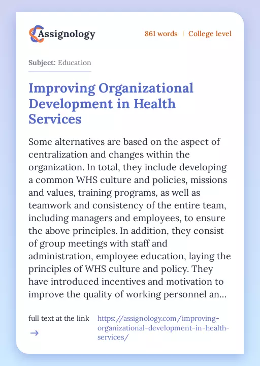 Improving Organizational Development in Health Services - Essay Preview