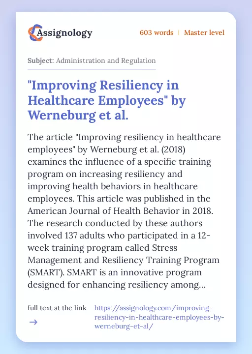 "Improving Resiliency in Healthcare Employees" by Werneburg et al. - Essay Preview