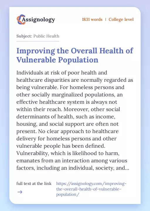 Improving the Overall Health of Vulnerable Population - Essay Preview