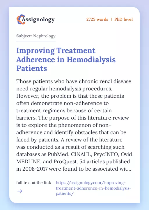 Improving Treatment Adherence in Hemodialysis Patients - Essay Preview