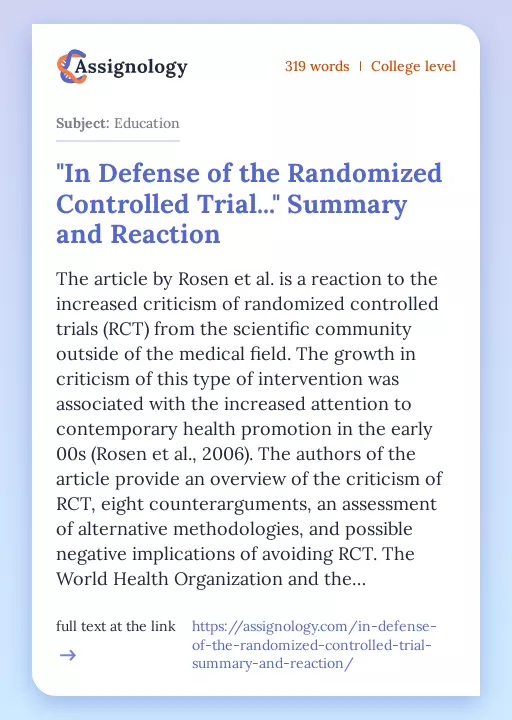 "In Defense of the Randomized Controlled Trial..." Summary and Reaction - Essay Preview