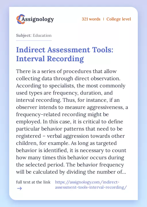 Indirect Assessment Tools: Interval Recording - Essay Preview