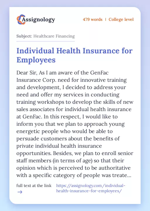 Individual Health Insurance for Employees - Essay Preview