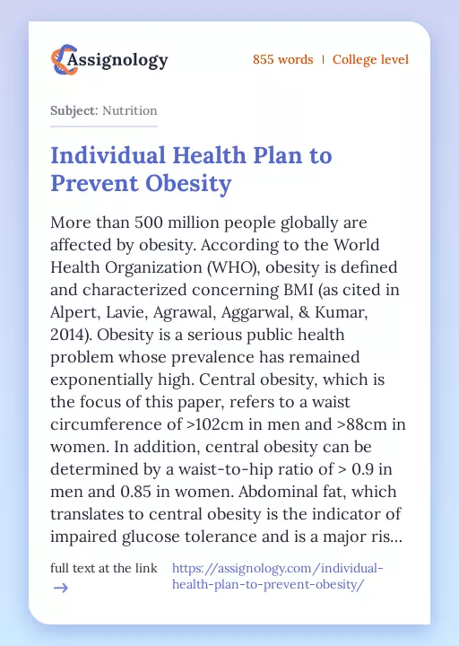 Individual Health Plan to Prevent Obesity - Essay Preview