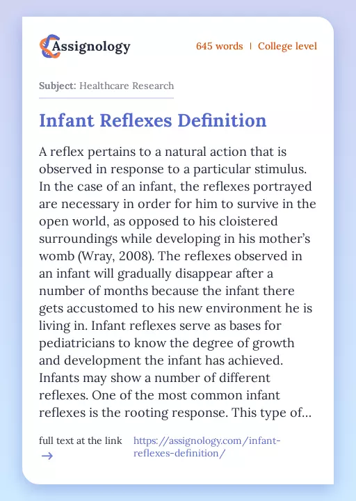 Infant Reflexes Definition - Essay Preview