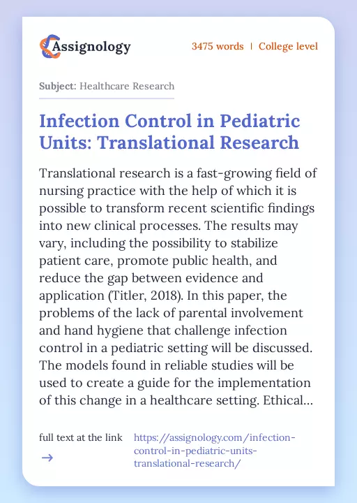 Infection Control in Pediatric Units: Translational Research - Essay Preview