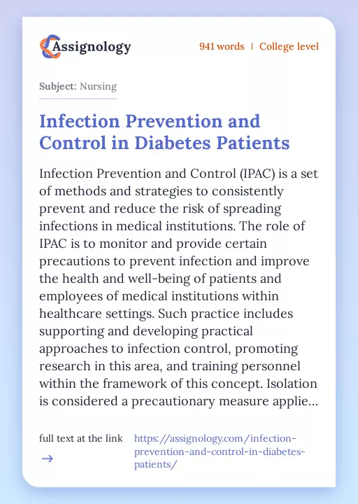 Infection Prevention and Control in Diabetes Patients - Essay Preview
