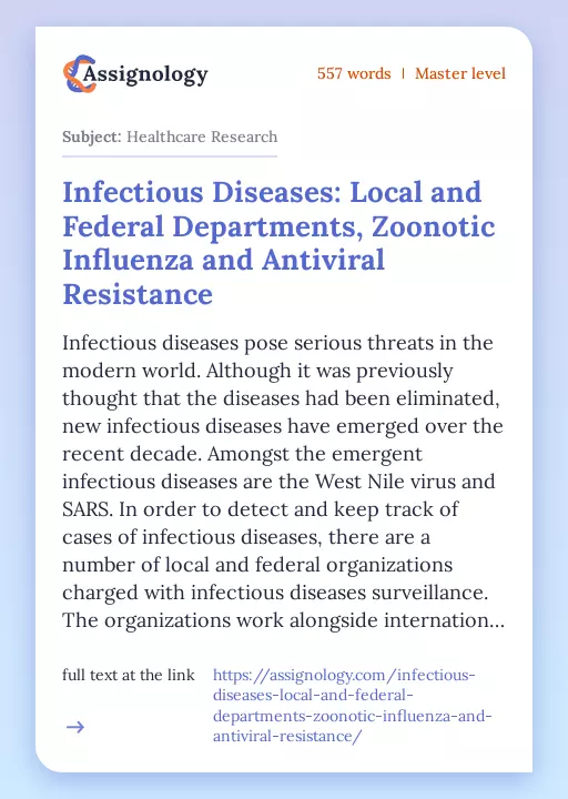 Infectious Diseases: Local and Federal Departments, Zoonotic Influenza and Antiviral Resistance - Essay Preview