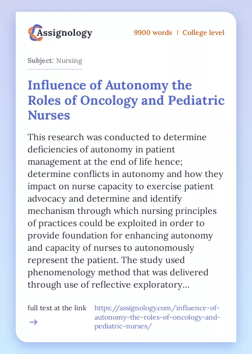 Influence of Autonomy the Roles of Oncology and Pediatric Nurses - Essay Preview