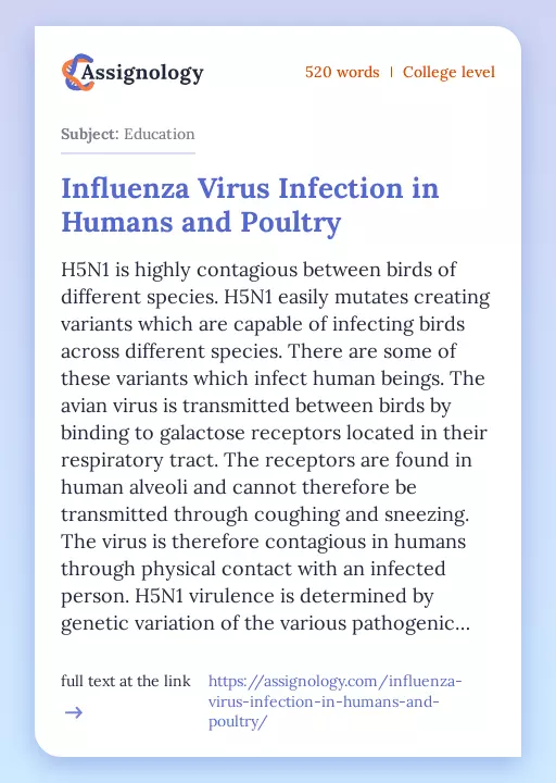 Influenza Virus Infection in Humans and Poultry - Essay Preview