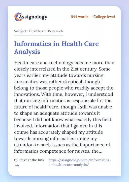 Informatics in Health Care Analysis - Essay Preview