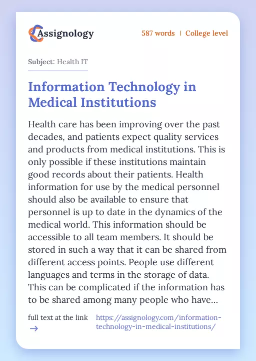 Information Technology in Medical Institutions - Essay Preview