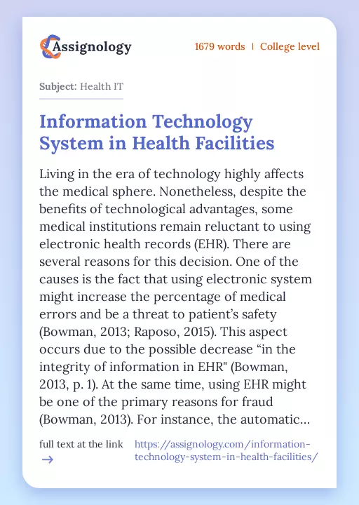 Information Technology System in Health Facilities - Essay Preview