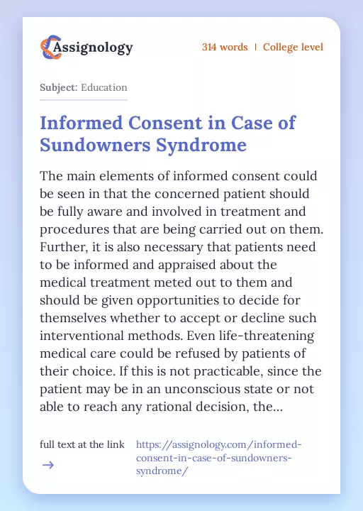Informed Consent in Case of Sundowners Syndrome - Essay Preview