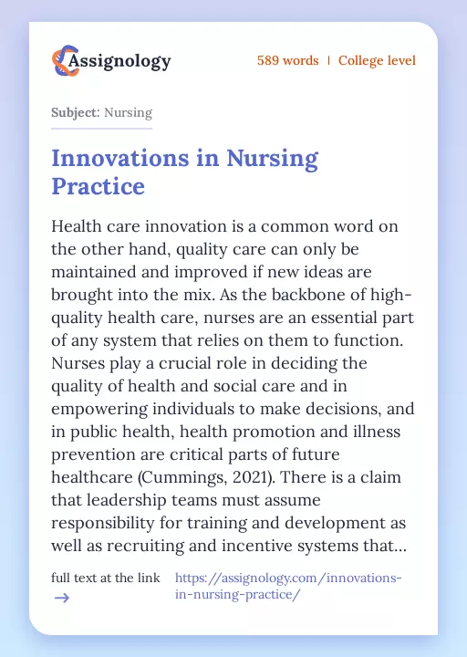 Innovations in Nursing Practice - Essay Preview
