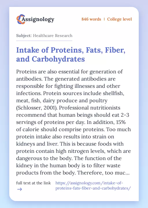 Intake of Proteins, Fats, Fiber, and Carbohydrates - Essay Preview