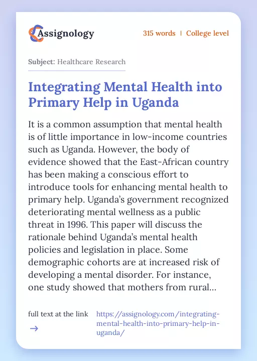 Integrating Mental Health into Primary Help in Uganda - Essay Preview