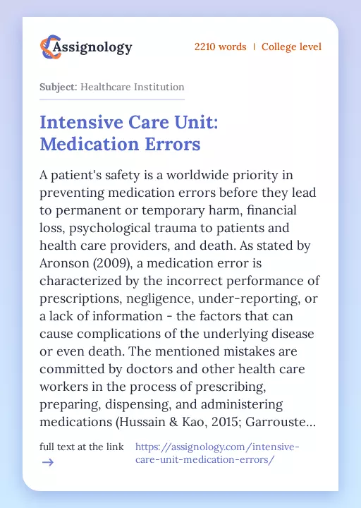 Intensive Care Unit: Medication Errors - Essay Preview