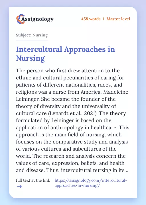 Intercultural Approaches in Nursing - Essay Preview