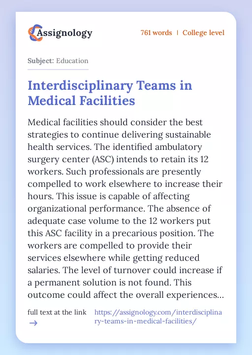 Interdisciplinary Teams in Medical Facilities - Essay Preview