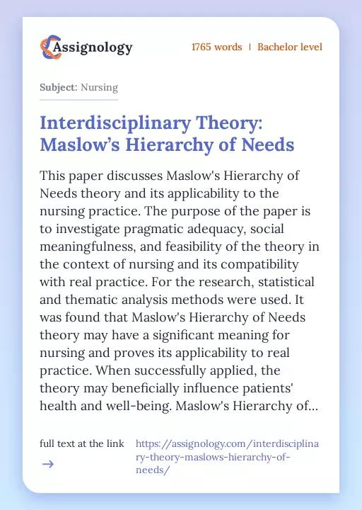 Interdisciplinary Theory: Maslow’s Hierarchy of Needs - Essay Preview