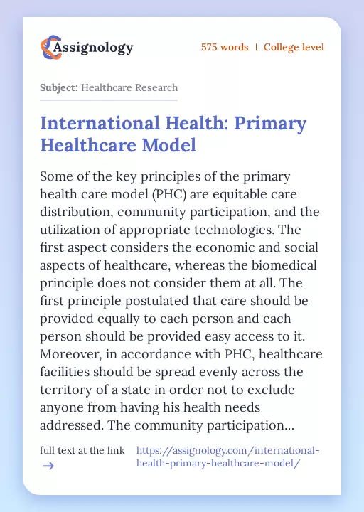 International Health: Primary Healthcare Model - Essay Preview