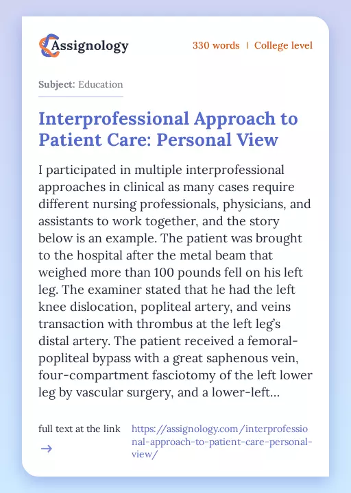 Interprofessional Approach to Patient Care: Personal View - Essay Preview