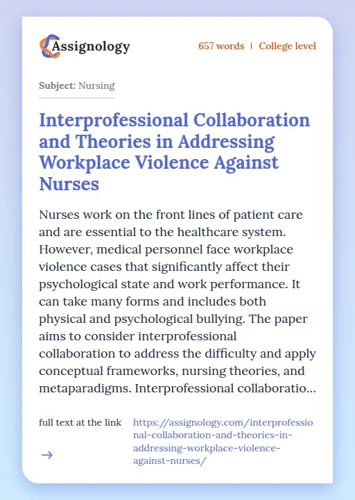 Interprofessional Collaboration and Theories in Addressing Workplace Violence Against Nurses - Essay Preview