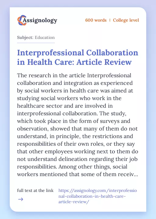 Interprofessional Collaboration in Health Care: Article Review - Essay Preview