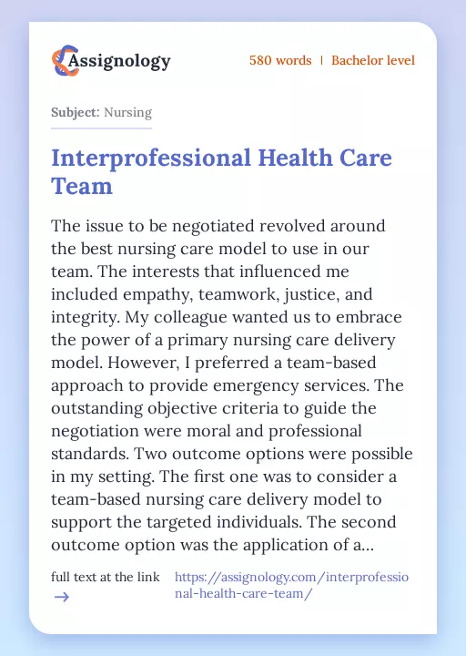 Interprofessional Health Care Team - Essay Preview
