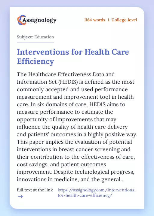 Interventions for Health Care Efficiency - Essay Preview