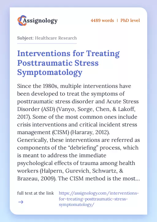 Interventions for Treating Posttraumatic Stress Symptomatology - Essay Preview