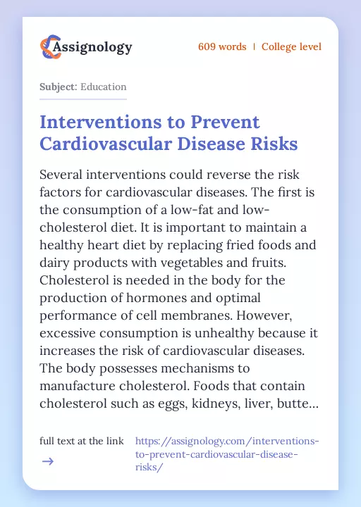 Interventions to Prevent Cardiovascular Disease Risks - Essay Preview