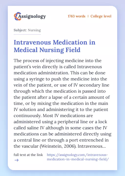 Intravenous Medication in Medical Nursing Field - Essay Preview