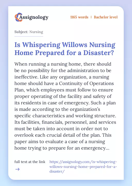 Is Whispering Willows Nursing Home Prepared for a Disaster? - Essay Preview