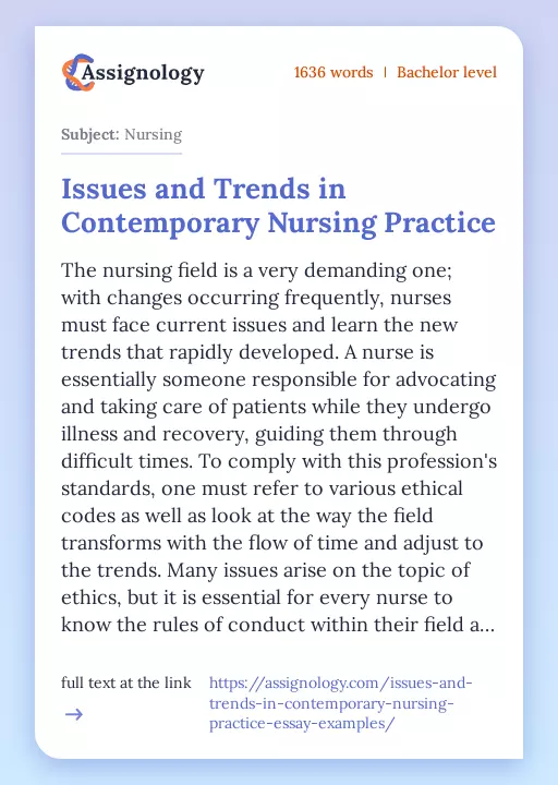 Issues and Trends in Contemporary Nursing Practice - Essay Preview