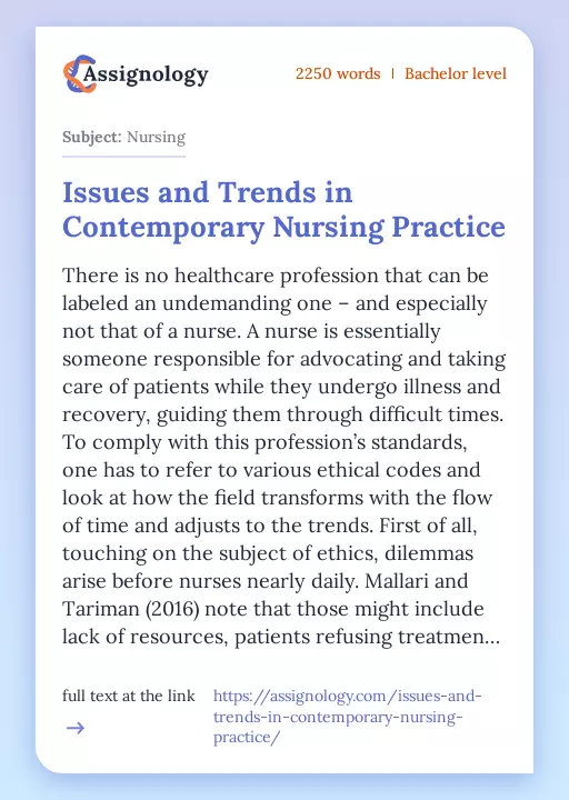 Issues and Trends in Contemporary Nursing Practice - Essay Preview