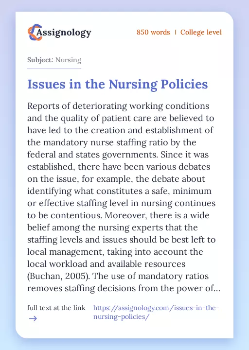Issues in the Nursing Policies - Essay Preview
