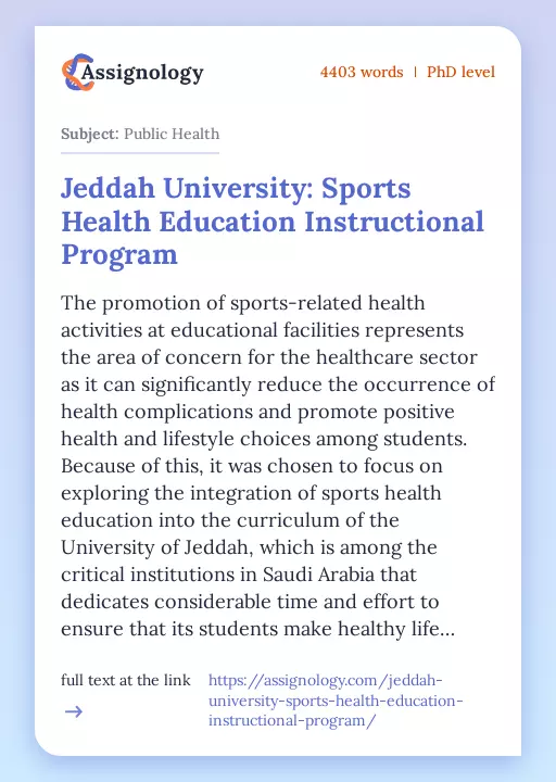 Jeddah University: Sports Health Education Instructional Program - Essay Preview
