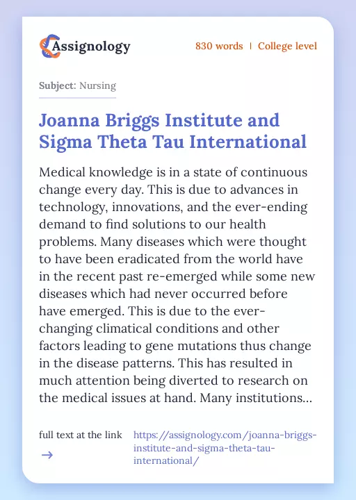 Joanna Briggs Institute and Sigma Theta Tau International - Essay Preview