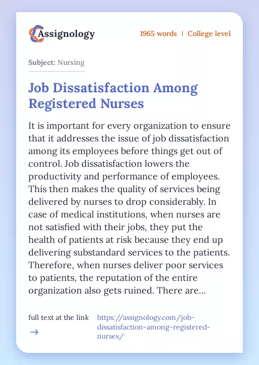 Job Dissatisfaction Among Registered Nurses - Essay Preview