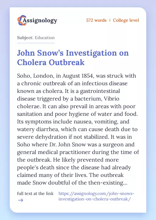 John Snow’s Investigation on Cholera Outbreak - Essay Preview