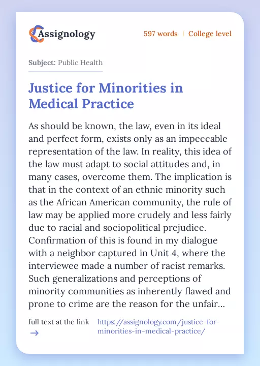 Justice for Minorities in Medical Practice - Essay Preview
