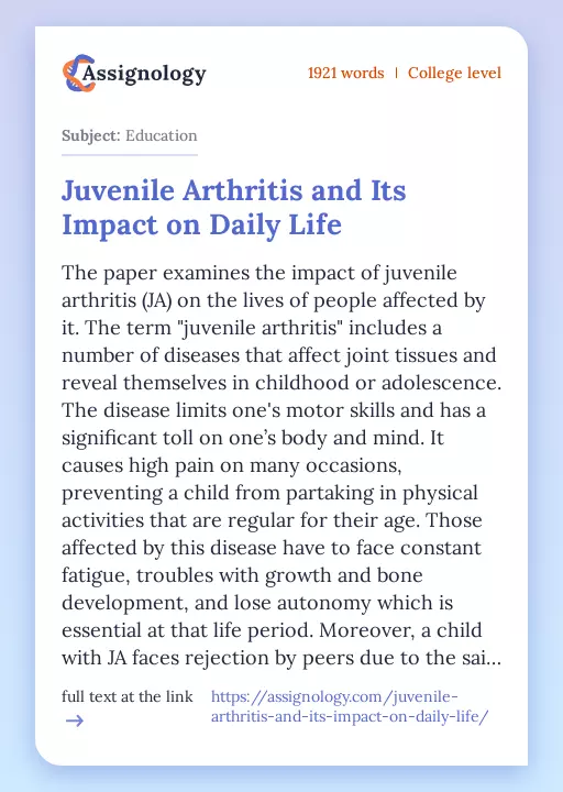 Juvenile Arthritis and Its Impact on Daily Life - Essay Preview