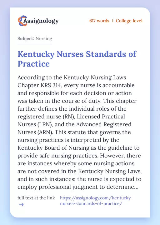 Kentucky Nurses Standards of Practice - Essay Preview