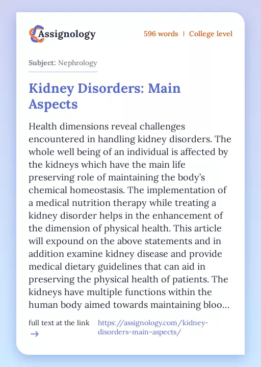 Kidney Disorders: Main Aspects - Essay Preview